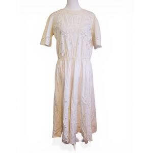 Vintage 70s 80s Ivory Floral Short Sleeve A Line Midi Dress Women's Size Large